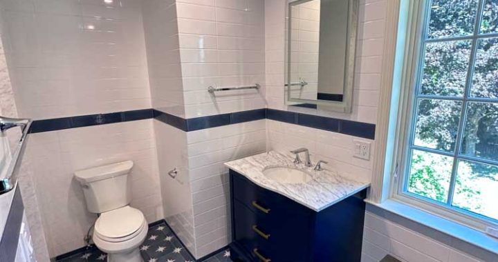 Elegant Marble Countertop to match the modern blue vanity cabinet