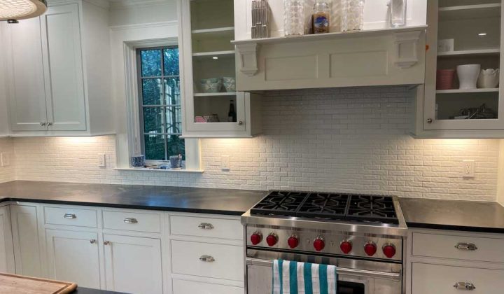 Kitchen Black Granite Countertop Installed and ceramic backsplash