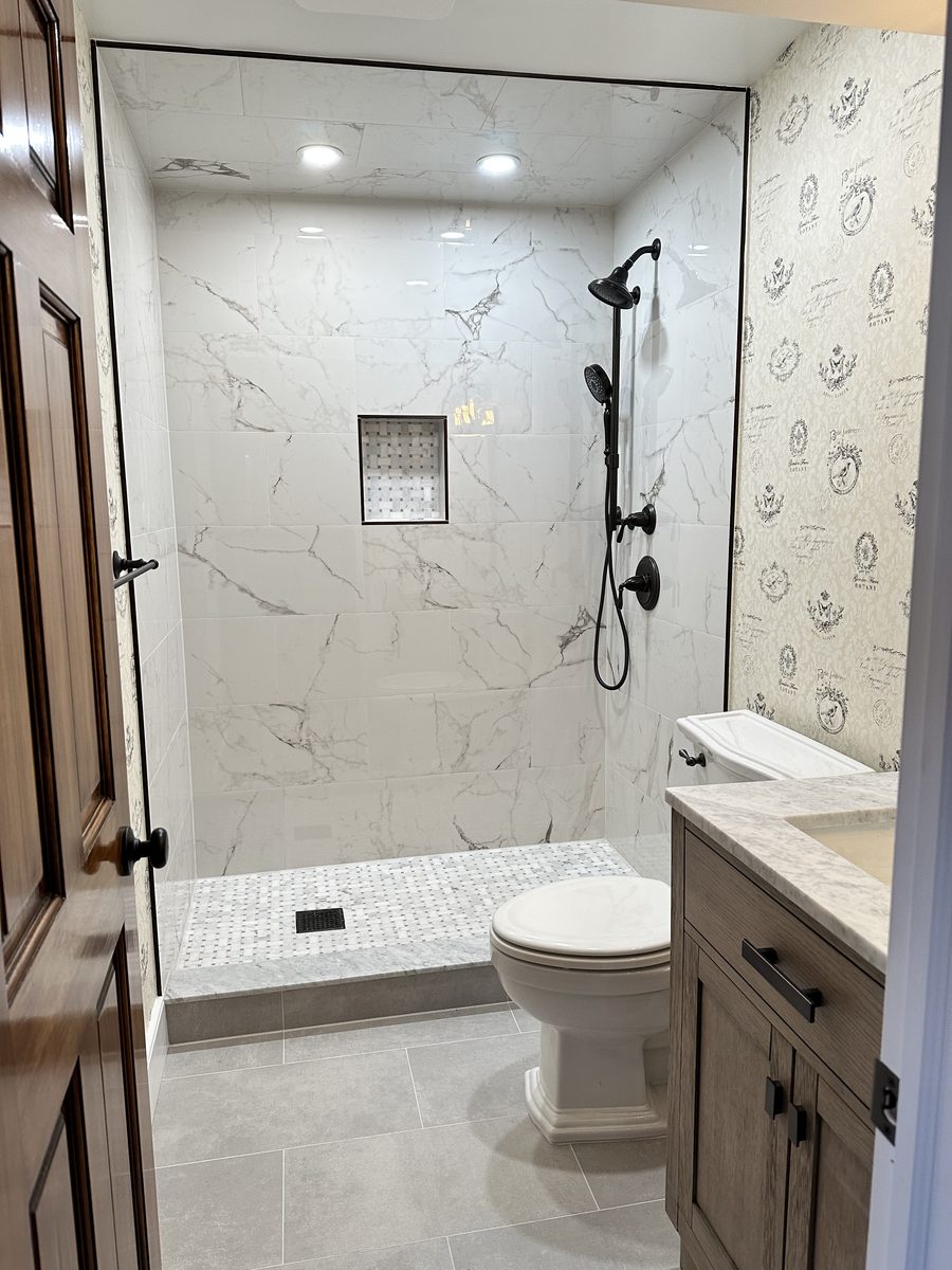 Marble Tile Shower with Bathroom Vanity